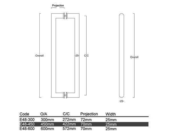 316 Grade Brushed Stainless Steel Square with Rounded Ends Entrance Pull Handles (E48 Melbourne)