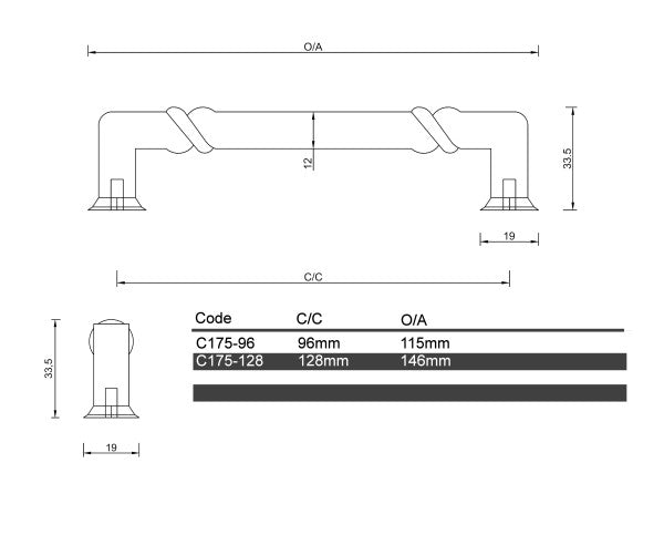 Black Square Traditional Handle with twist Cabinet Handle (C175 Hillcrest)