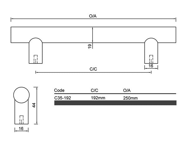 Brushed Stainless Steel Thick Rail Handle Cabinet Handle (C35 Tube)