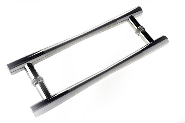 Brushed Stainless Steel and Polished Stainless Steel Hourglass Shaped Handle Entrance Pull Handles (E31 New Hourglass) compressed