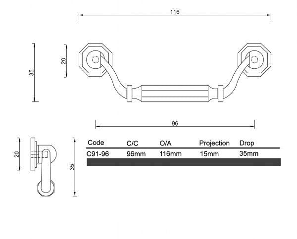 Diagram Antique Bronze Square Elegant Drop Handle Cabinet Handle (C91 Penrith Drop Handle)