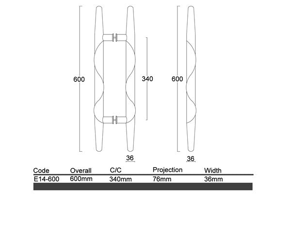 Diagram Brushed Stainless Steel Tapered Ends Handle with a twist in the center Entrance Pull Handles (E14-Griffith)