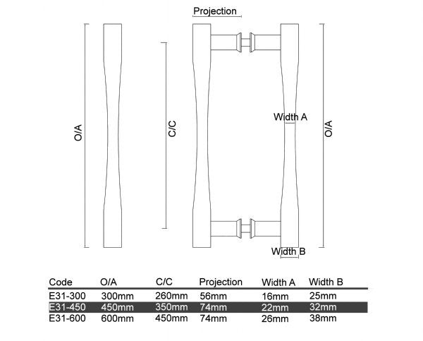 Diagram Brushed Stainless Steel and Polished Stainless Steel Hourglass Shaped Handle Entrance Pull Handles (E31 New Hourglass) compressed