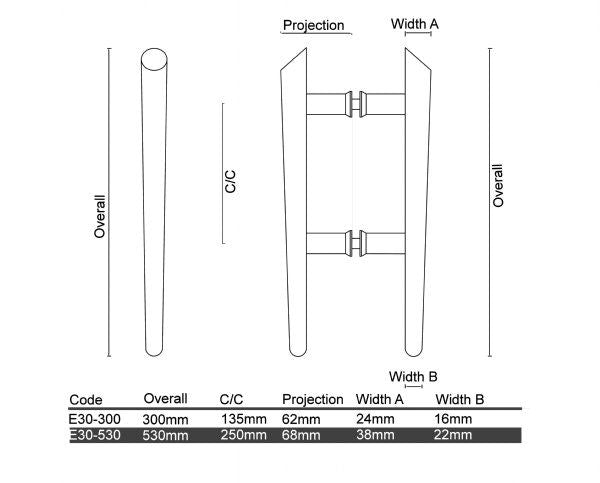 Diagram Brushed Stainless Steel and Polished Stainless Steel Tapered Handle Entrance Pull Handles (E30 New Metro) compressed