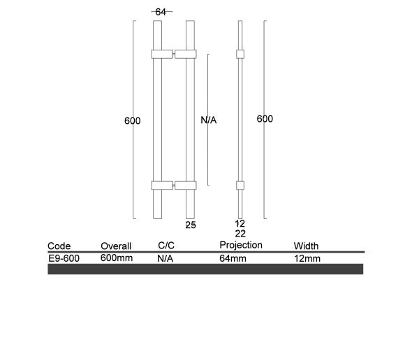 Diagram Brushed Stainless Steel Thin Square Bar Handle with adjustable legs Entrance Pull Handles (E9 Brendale) (600 x 483)