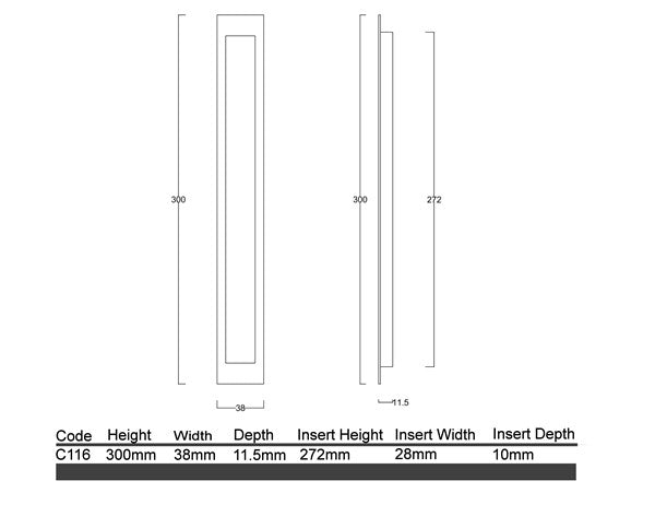C116 - Long Rectangular Sliding Door Flush Pull