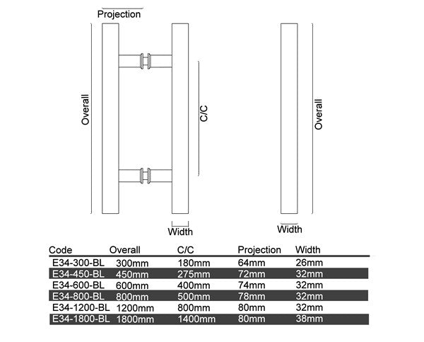 Diagram Matt Black Round Bar Handle Entrance Pull Handles (E34-BL New Mode)
