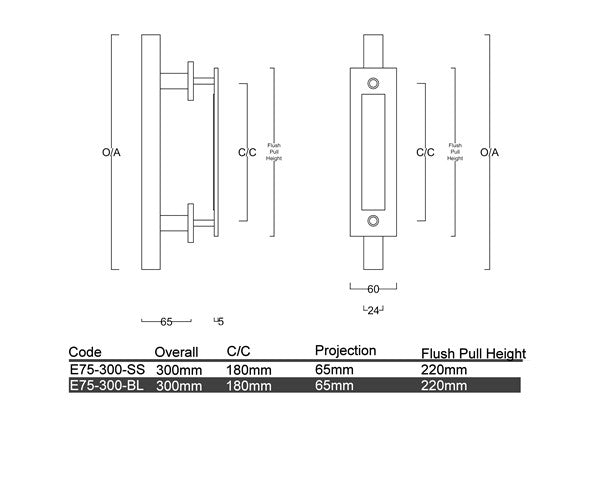 E75 – Square 300mm Barn Door Handle Set