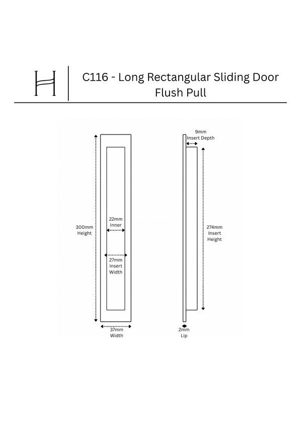 C116 - Long Rectangular Sliding Door Flush Pull