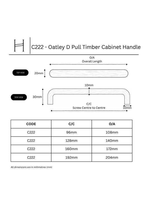 C222 - Oatley D Pull Timber Cabinet Handle