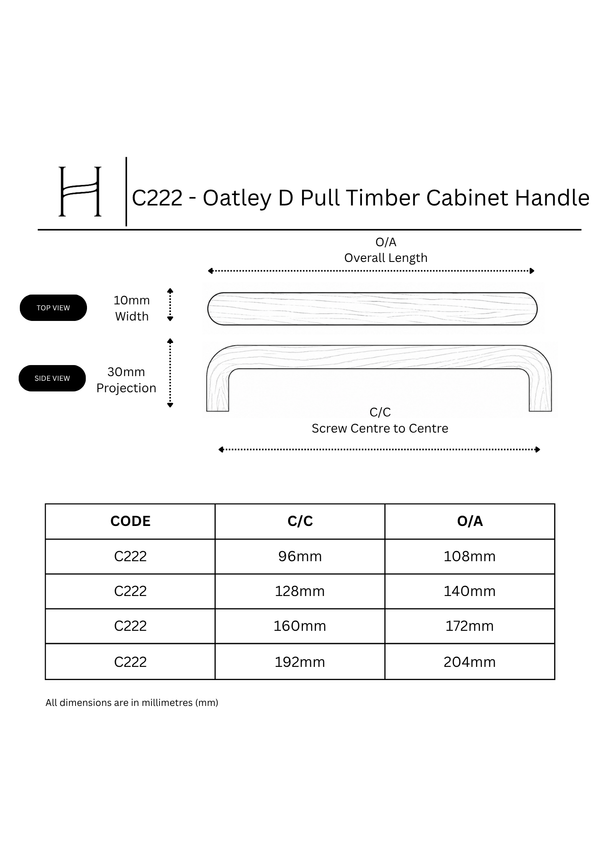 C222 - Oatley D Pull Timber Cabinet Handle