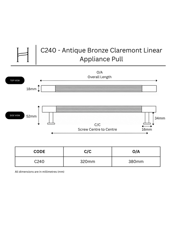 C240 - Antique Bronze Claremont Linear Appliance Pull