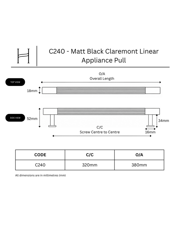 C240 - Matt Black Claremont Linear Appliance Pull