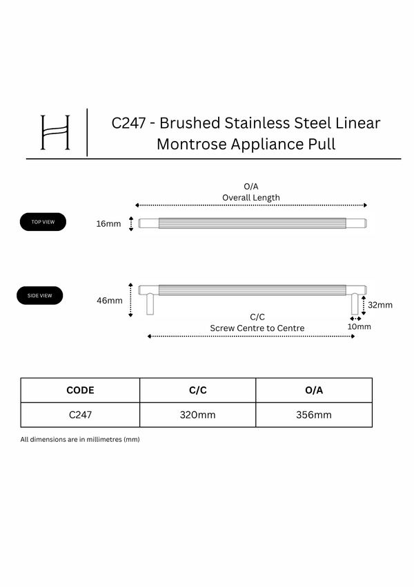 C247 - Brushed Stainless Steel Linear Montrose Appliance Pull