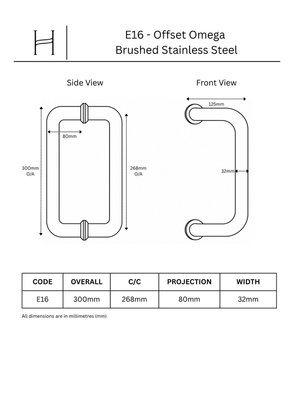 E16- Offset Omega Brushed Stainless Steel Entrance Pull Handle