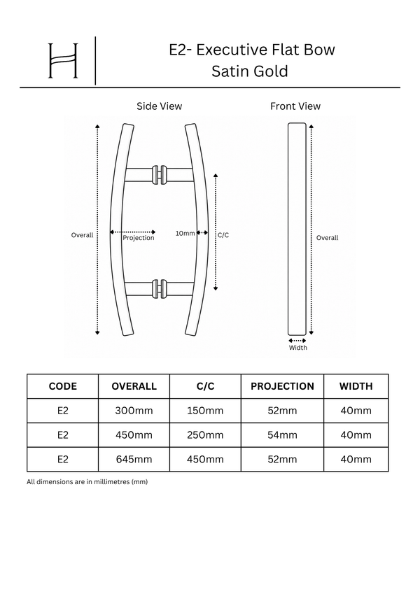 E2- Executive Satin Gold Flat Bow Entrance Pull Handle