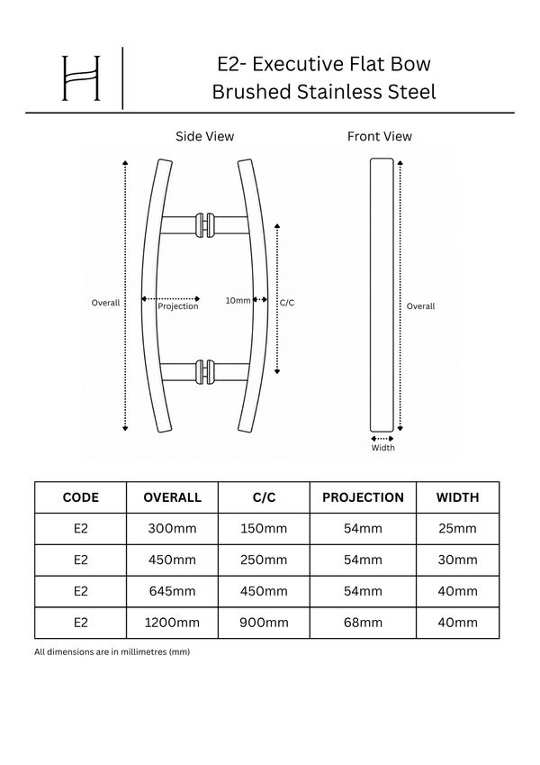 E2 - Executive Brushed Stainless Steel Flat Bow Entrance Pull Handle