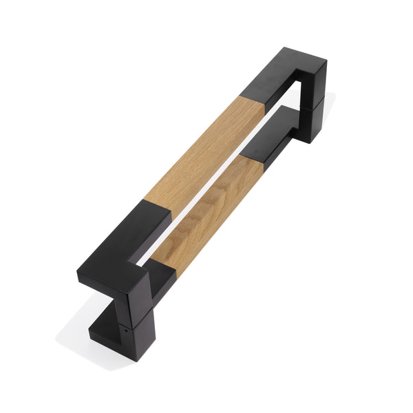E3- Hollywood Offset Designer Timber Entrance Pull Handle Matt Black Ends