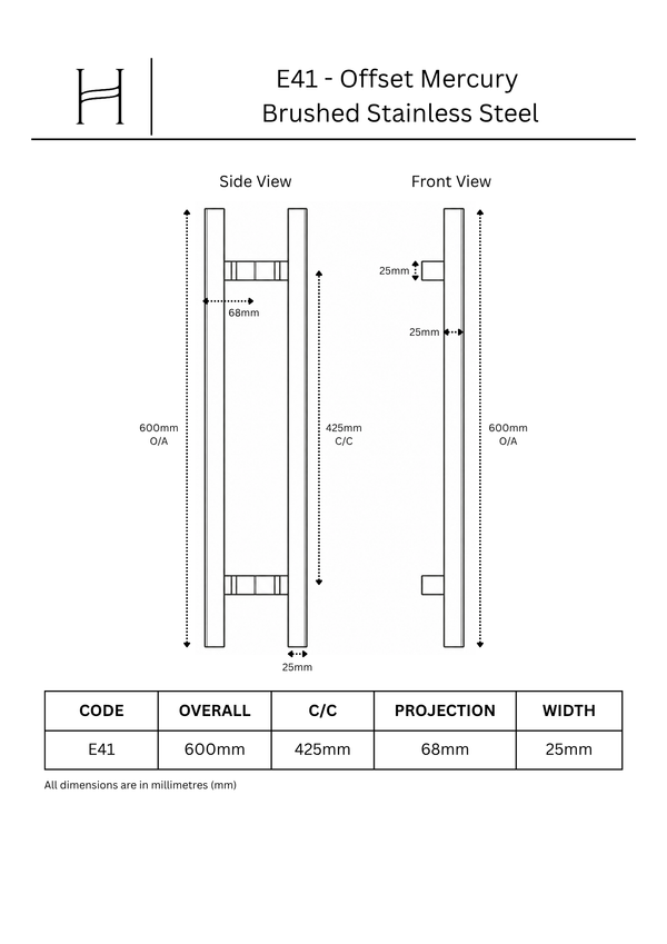 E41- Offset Mercury Brushed Stainless Steel Entrance Pull Handle