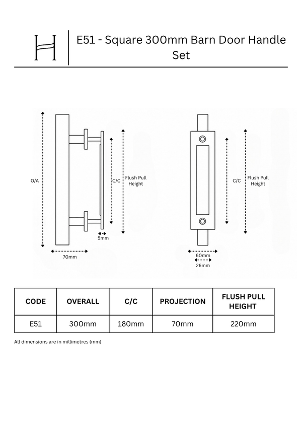 E51 - Square 300mm Barn Door Handle Set
