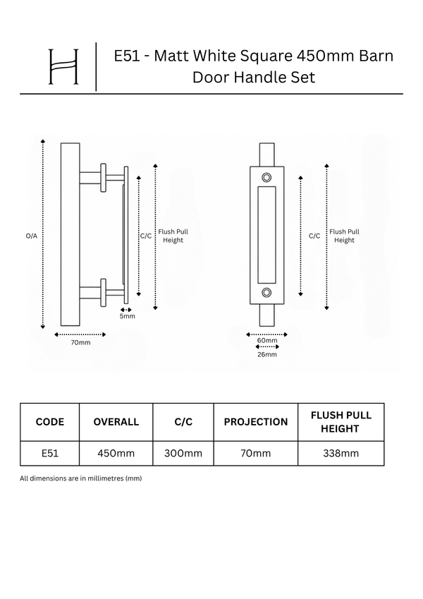 E51 - Matt White Square 450mm Barn Door Handle Set