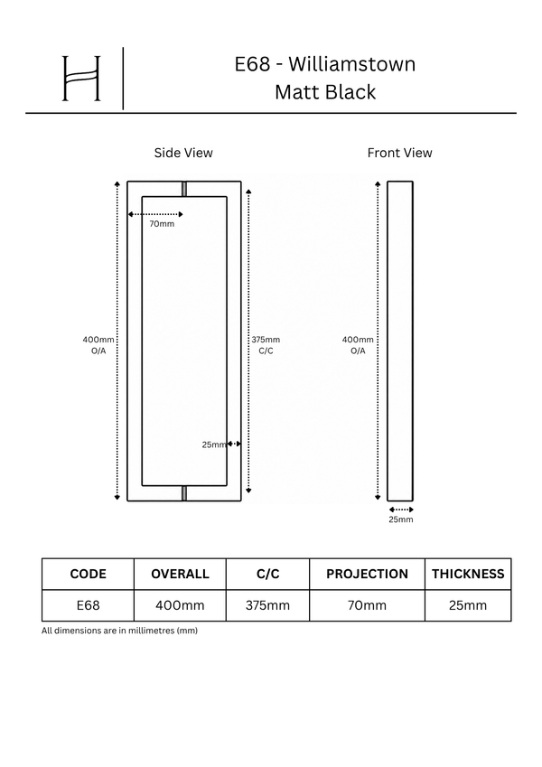 E68 - Matt Black Williamstown Entrance Pull Handle