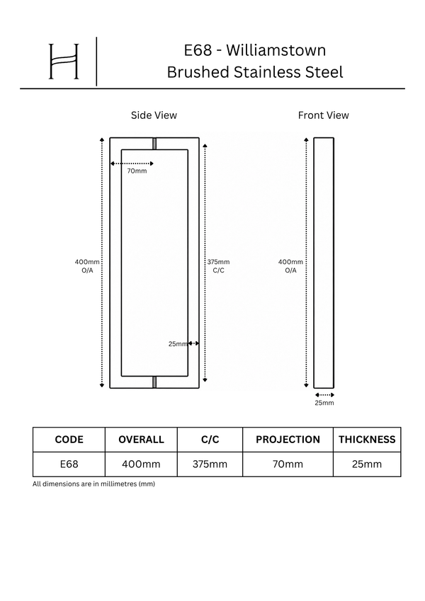 E68 - Brushed Stainless Steel Williamstown Entrance Pull Handle