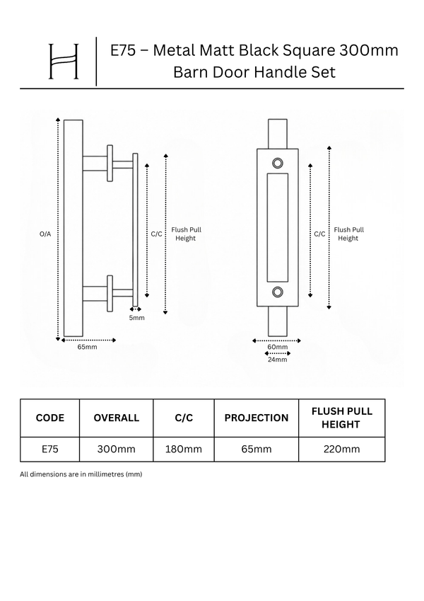 E75 – Metal Matt Black Square 300mm Barn Door Handle Set