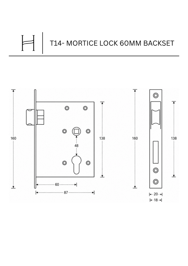 T14- Mortice Lock 60mm Backset