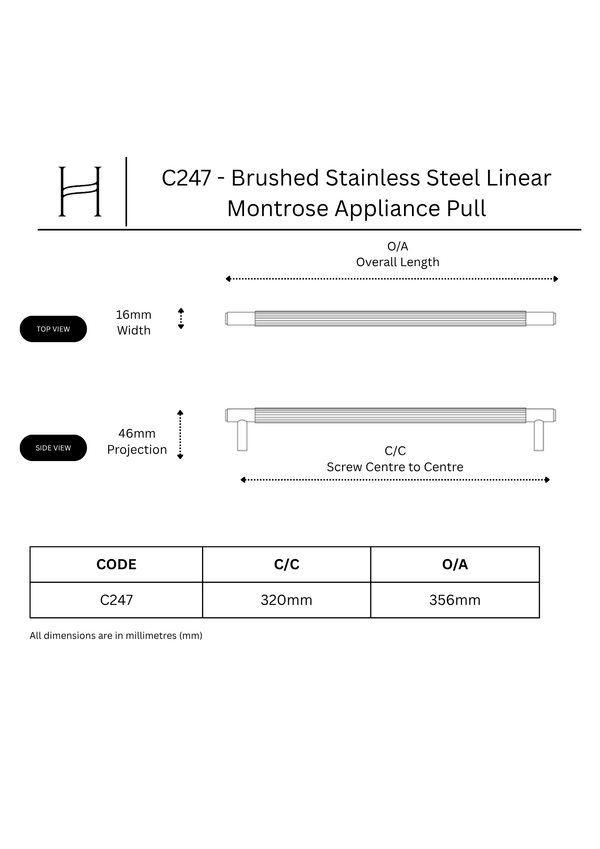 C247 - Brushed Stainless Steel Linear Montrose Appliance Pull