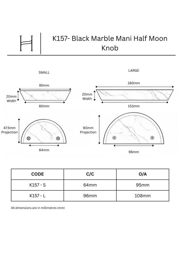 K157- Black Marble Mani Half Moon Knob