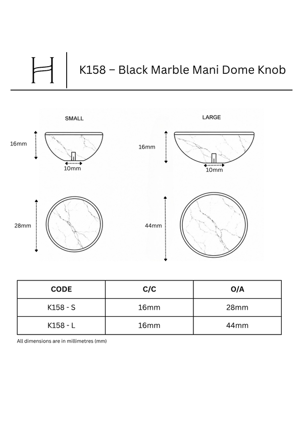 K158 – Black Marble Mani Dome Knob