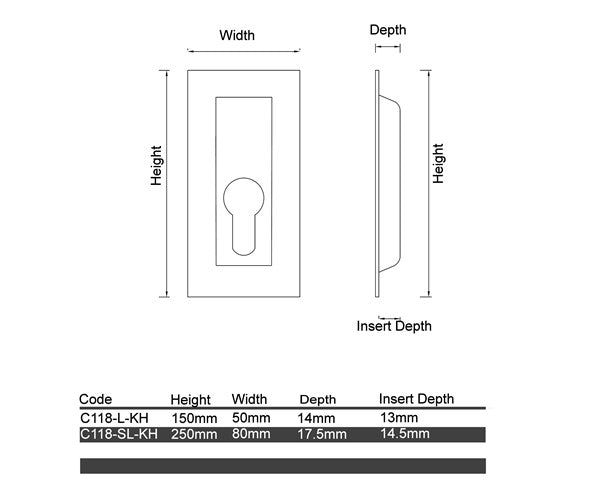Brushed Stainless Steel Door Hardware Flush Pulls & Cavity Sliders (C118 KH keyhole Rectangular Flush Pull)