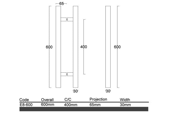 Diagram Brushed Stainless Steel Square Bar Handle Entrance Pull Handles (E8 Cabolture) (600 x 483)