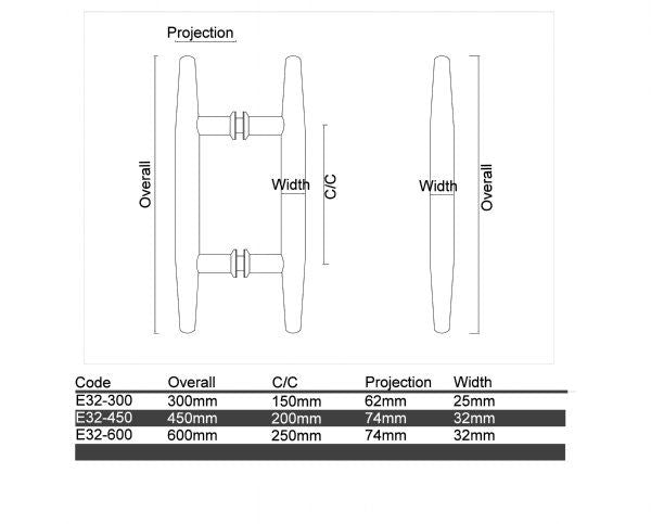 Diagram Brushed Stainless Steel Tapered ends Handle Entrance Pull Handles (E32 New Margrave) compressed