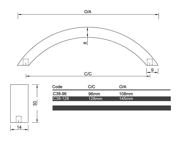 Diagram Flat Bow Cabinet Handle (C38 Flat Bow)