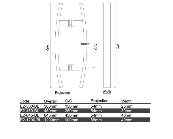 Diagram Matt Black Wide Bow Entrance Handle Entrance Pull Handles (E2 BL Executive Flat Bow) (600 x 483)