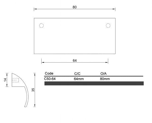 Diagram Satin Nickel or Chrome Rectangular Curved Pull Cabinet Handle (C50 Spotted Flat Pull)